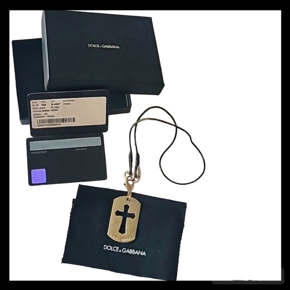 Vintage Dolce & Gabbana Cross Dog Tag Leather and Metal Necklace - Picture 1 of 15